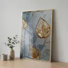 Soyut Yaprak Altın Mavi Tonlar Tekli Gold Metal Çerçeveli Cam Tablo Yatak Odası