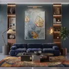 Soyut Yaprak Altın Mavi Tonlar Tekli Gümüş Metal Çerçeveli Cam Tablo Duvar Salon