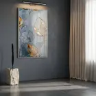 Soyut Yaprak Altın Mavi Tonlar Tekli Gümüş Metal Çerçeveli Cam Tablo Duvar Salon