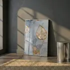 Soyut Yaprak Altın Mavi Tonlar Tekli Gümüş Metal Çerçeveli Cam Tablo Duvar Salon