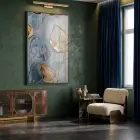 Soyut Yaprak Altın Mavi Tonlar Tekli Siyah Metal Çerçeveli Cam Tablo Salon Oturma