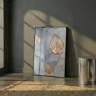 Soyut Yaprak Altın Mavi Tonlar Tekli Siyah Metal Çerçeveli Cam Tablo Salon Oturma