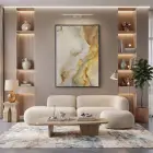 Akışkan Soyut Sıcak Altın Bej Tekli Siyah Metal Çerçeveli Cam Tablo Salon Oturma