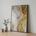 Akışkan Soyut Sıcak Altın Bej Tekli Siyah Metal Çerçeveli Cam Tablo Salon Oturma