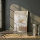 Yumuşak Çiçek Krem Altın Tonları Tekli Beyaz Metal Çerçeveli Cam Tablo Yatak Odası