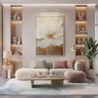 Yumuşak Çiçek Krem Altın Tonları Tekli Gümüş Metal Çerçeveli Cam Tablo Salon Oturma