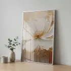 Yumuşak Çiçek Krem Altın Tonları Tekli Gümüş Metal Çerçeveli Cam Tablo Salon Oturma