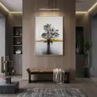 Suda Ağaç Monokrom Sarı Vurgu Tekli Gold Metal Çerçeveli Cam Tablo Poster Dekoratif