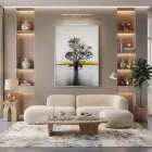 Suda Ağaç Monokrom Sarı Vurgu Tekli Gümüş Metal Çerçeveli Cam Tablo Ev Dekorasyonu