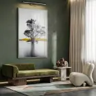 Suda Ağaç Monokrom Sarı Vurgu Tekli Gümüş Metal Çerçeveli Cam Tablo Ev Dekorasyonu