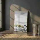 Kıyı Taşları Sarı Vurgulu Gri Tekli Gold Metal Çerçeveli Cam Tablo Poster Dekoratif