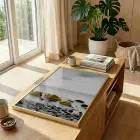 Kıyı Taşları Sarı Vurgulu Gri Tekli Gold Metal Çerçeveli Cam Tablo Poster Dekoratif