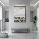 Kıyı Taşları Sarı Vurgulu Gri Tekli Siyah Metal Çerçeveli Cam Tablo Salon Oturma