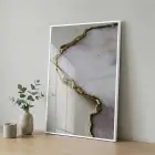 Soyut Mermer Bej Grisi Altın Tekli Beyaz Metal Çerçeveli Cam Tablo Ev Dekorasyonu