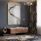 Soyut Mermer Bej Grisi Altın Tekli Gold Metal Çerçeveli Cam Tablo Poster Dekoratif