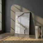 Soyut Mermer Bej Grisi Altın Tekli Gümüş Metal Çerçeveli Cam Tablo Yatak Odası