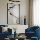 Soyut Mermer Bej Grisi Altın Tekli Siyah Metal Çerçeveli Cam Tablo Duvar Salon