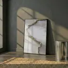 Soyut Mermer Bej Grisi Altın Tekli Siyah Metal Çerçeveli Cam Tablo Duvar Salon