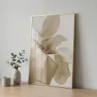Magnolya Sıcak Bej Tekli Gold Metal Çerçeveli Cam Tablo Poster Dekoratif Obje