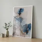 Akışkan Soyut Derin Mavi Tonlar Tekli Beyaz Metal Çerçeveli Cam Tablo Poster Dekoratif