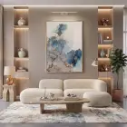Akışkan Soyut Derin Mavi Tonlar Tekli Gold Metal Çerçeveli Cam Tablo Yatak Odası