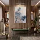 Akışkan Soyut Derin Mavi Tonlar Tekli Gümüş Metal Çerçeveli Cam Tablo Duvar Salon