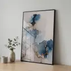 Akışkan Soyut Derin Mavi Tonlar Tekli Siyah Metal Çerçeveli Cam Tablo Poster Dekoratif