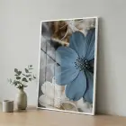 Yakın Çiçek Buz Mavisi Bej Tekli Beyaz Metal Çerçeveli Cam Tablo Duvar Salon