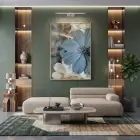 Yakın Çiçek Buz Mavisi Bej Tekli Gold Metal Çerçeveli Cam Tablo Poster Dekoratif