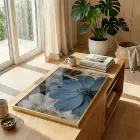 Yakın Çiçek Buz Mavisi Bej Tekli Gold Metal Çerçeveli Cam Tablo Poster Dekoratif