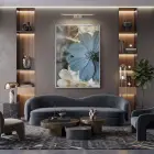 Yakın Çiçek Buz Mavisi Bej Tekli Gümüş Metal Çerçeveli Cam Tablo Yatak Odası
