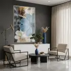Yakın Çiçek Buz Mavisi Bej Tekli Gümüş Metal Çerçeveli Cam Tablo Yatak Odası