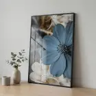 Yakın Çiçek Buz Mavisi Bej Tekli Siyah Metal Çerçeveli Cam Tablo Ev Dekorasyonu