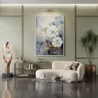 Büyük Çiçek Mavi Altın Tonlar Tekli Beyaz Metal Çerçeveli Cam Tablo Ev Dekorasyonu