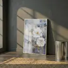 Büyük Çiçek Mavi Altın Tonlar Tekli Beyaz Metal Çerçeveli Cam Tablo Ev Dekorasyonu