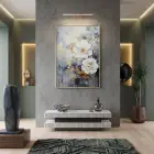 Büyük Çiçek Mavi Altın Tonlar Tekli Gold Metal Çerçeveli Cam Tablo Salon Oturma