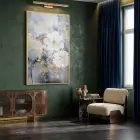 Büyük Çiçek Mavi Altın Tonlar Tekli Gold Metal Çerçeveli Cam Tablo Salon Oturma