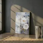 Büyük Çiçek Mavi Altın Tonlar Tekli Gold Metal Çerçeveli Cam Tablo Salon Oturma