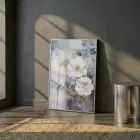 Büyük Çiçek Mavi Altın Tonlar Tekli Gümüş Metal Çerçeveli Cam Tablo Duvar Salon