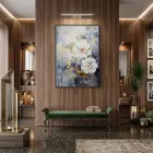 Büyük Çiçek Mavi Altın Tonlar Tekli Siyah Metal Çerçeveli Cam Tablo Salon Oturma