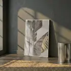 Tropikal Yaprak Altın Tonları Tekli Beyaz Metal Çerçeveli Cam Tablo Salon Oturma Odası