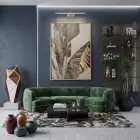 Tropikal Yaprak Altın Tonları Tekli Gold Metal Çerçeveli Cam Tablo Yatak Odası Koridor