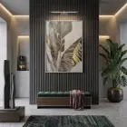Tropikal Yaprak Altın Tonları Tekli Gümüş Metal Çerçeveli Cam Tablo Duvar Salon Aksesuarları