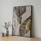 Tropikal Yaprak Altın Tonları Tekli Siyah Metal Çerçeveli Cam Tablo Poster Dekoratif Obje