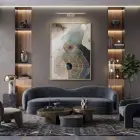 Soyut Organik Pastel Mavi Pembe Tekli Gold Metal Çerçeveli Cam Tablo Ev Dekorasyonu