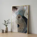 Soyut Organik Pastel Mavi Pembe Tekli Gold Metal Çerçeveli Cam Tablo Ev Dekorasyonu
