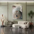 Soyut Organik Pastel Mavi Pembe Tekli Gümüş Metal Çerçeveli Cam Tablo Duvar Salon