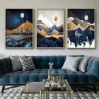 Lacivert Manzara Desenli Metal Çerçeveli Tablo Seti Altın