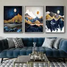 Lacivert Manzara Desenli Metal Çerçeveli Tablo Seti Gümüş