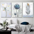 Mavi Çiçekler Beyaz Çerçeveli Üçlü Metal Çerçeveli Tablo Seti